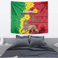 Red and green wall tapestry featuring a lion, yellow flowers, and a diagonal design