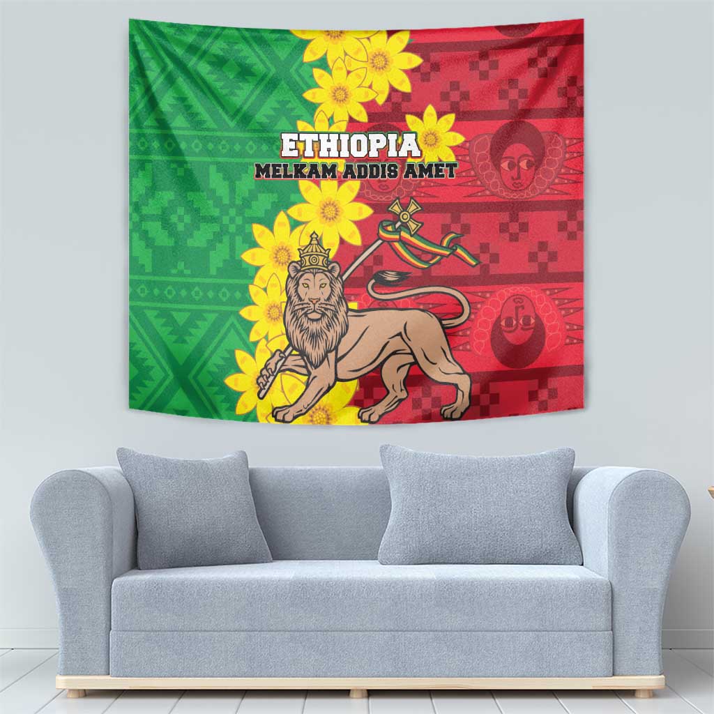 Wall tapestry with green-red background, lion illustration, and yellow flower accents