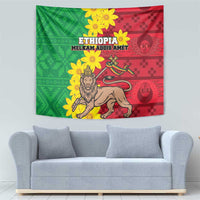 Wall tapestry with green-red background, lion illustration, and yellow flower accents