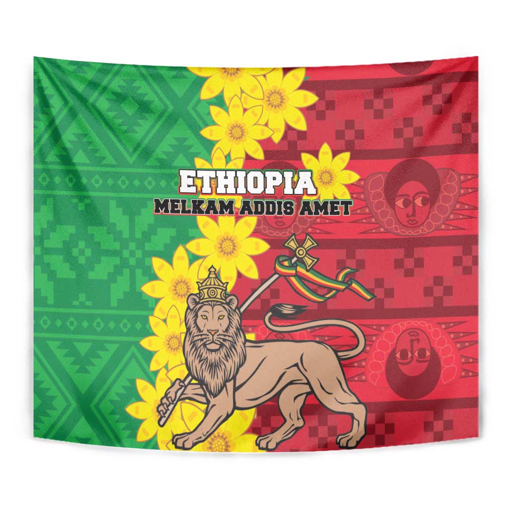 Close-up wall tapestry with green and red blocks, lion portrait, and yellow flower details