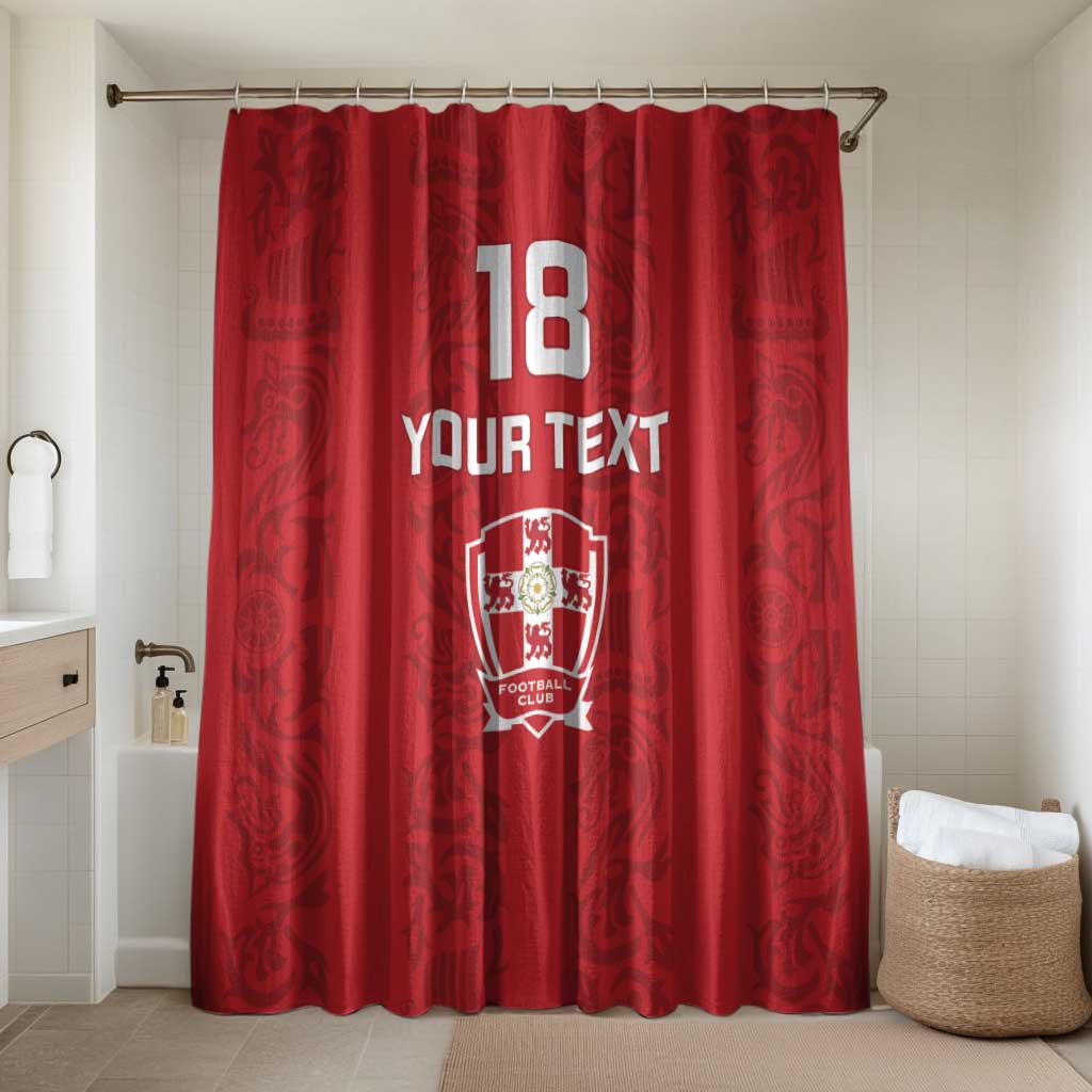 Red patterned shower curtain with center crest and large number design