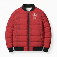 Red puffer bomber jacket with black ribbed collar, zip front, and subtle Viking pattern