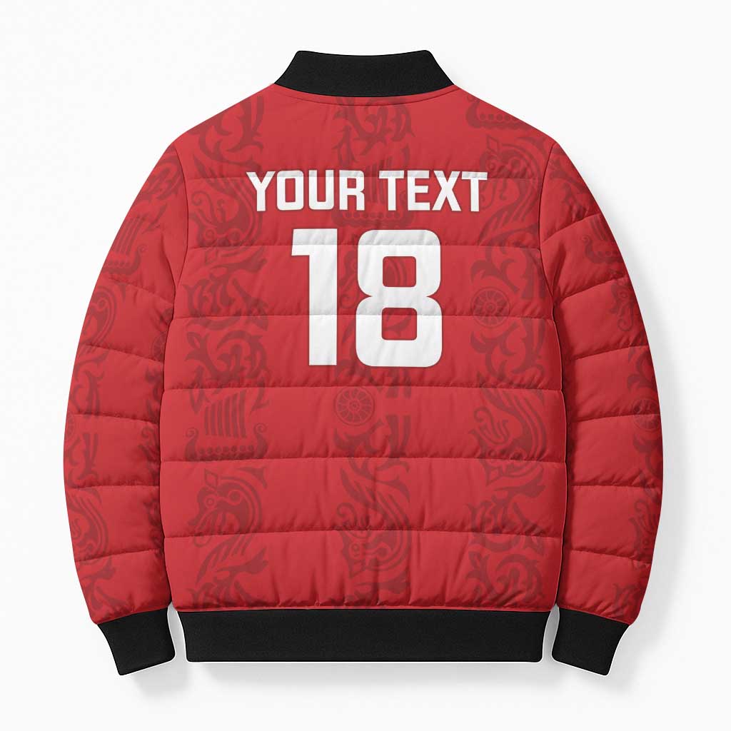 Red bomber jacket back with "YOUR TEXT 18" graphic, black ribbed cuffs, zip front