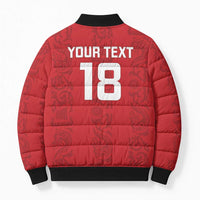 Red bomber jacket back with "YOUR TEXT 18" graphic, black ribbed cuffs, zip front