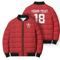 Red puffer bomber jacket with zip front, chest crest patch, and back "YOUR TEXT 18"