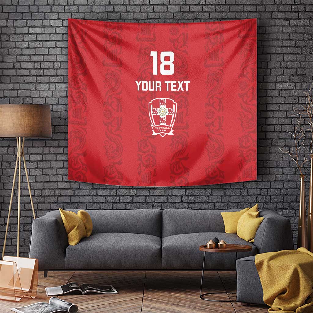 Red tapestry with centered 18, YOUR TEXT, shield crest, and repeating Viking-style motifs