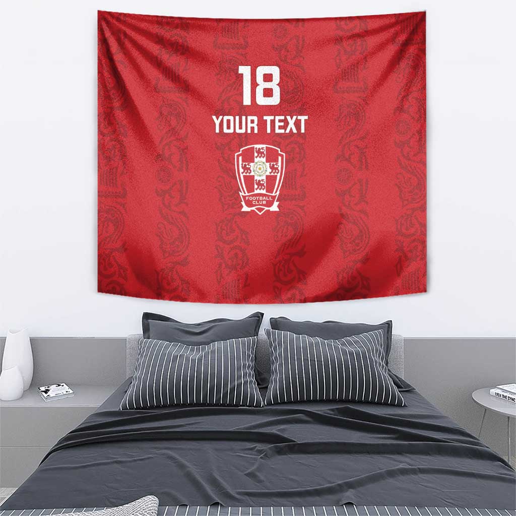 Red hanging tapestry showing 18 and YOUR TEXT above a shield crest with Viking motifs
