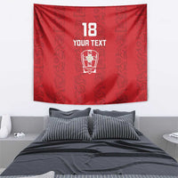 Red hanging tapestry showing 18 and YOUR TEXT above a shield crest with Viking motifs