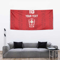 Red tapestry with large 18, YOUR TEXT lettering, shield crest, and repeating Viking figures