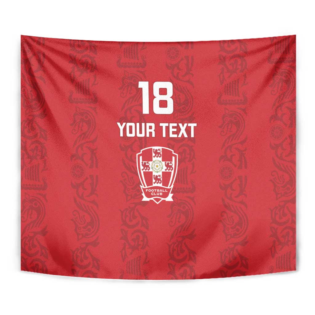 Close-up red tapestry: 18 and YOUR TEXT above shield crest with repeating Viking motifs