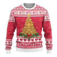 Red Christmas sweater with pierogi tree illustration and 'Merry Pierogi Christmas' text