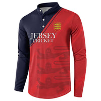 Red and navy cricket button sweatshirt with 'JERSEY CRICKET' logo and angled stripe