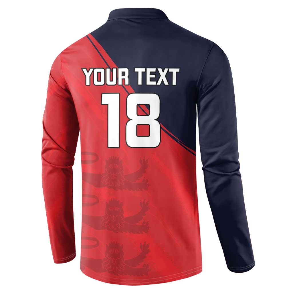 Red and navy cricket button sweatshirt back with 'YOUR TEXT 18' print