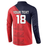 Red and navy cricket button sweatshirt back with 'YOUR TEXT 18' print