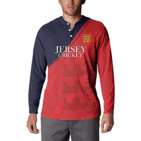 Red and navy cricket button sweatshirt with 'JERSEY CRICKET' front print and button placket