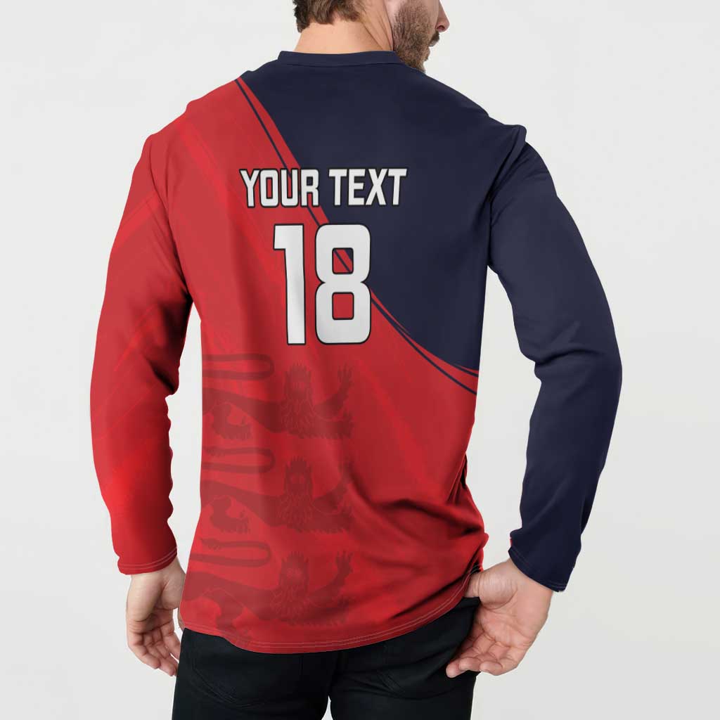 Red and navy cricket button sweatshirt back with 'YOUR TEXT 18' number print