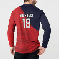 Red and navy cricket button sweatshirt back with 'YOUR TEXT 18' number print