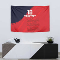 Red and navy tapestry with lion crest and '18 YOUR TEXT' design