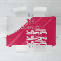 Pink tablecloth with white lion crest and “18 YOUR TEXT” design, rectangular.
