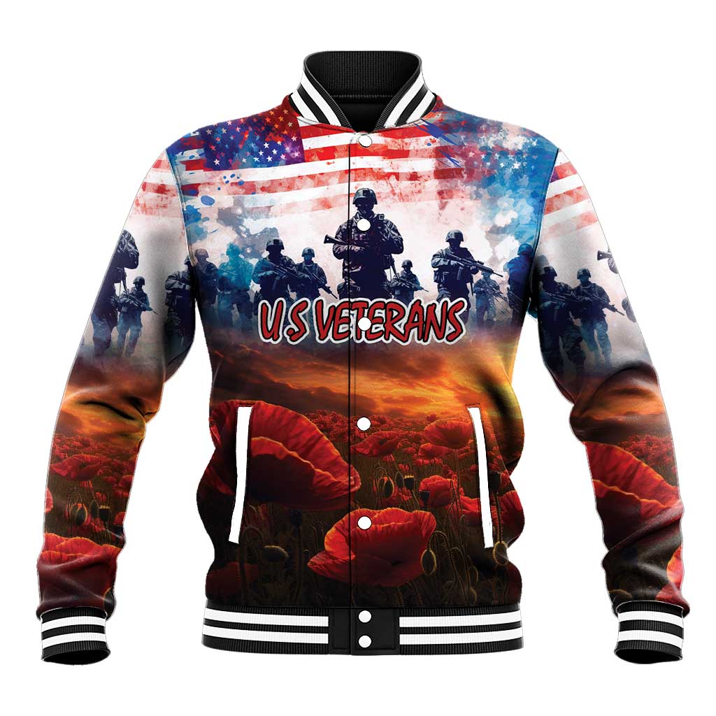 Unisex red, blue and black baseball jacket with US flag, soldiers, and striped rib trim