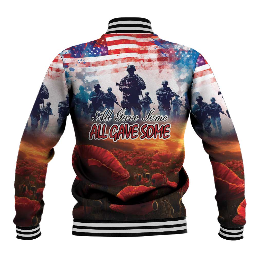 Unisex baseball jacket with 'All Gave Some' back print, soldiers, sunset, striped rib trim