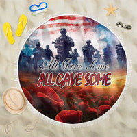 Veterans Day round beach blanket, fringed edge; soldier and poppy field graphic