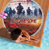 Veterans Day round beach blanket, fringed edge; soldier scene with red poppy flowers