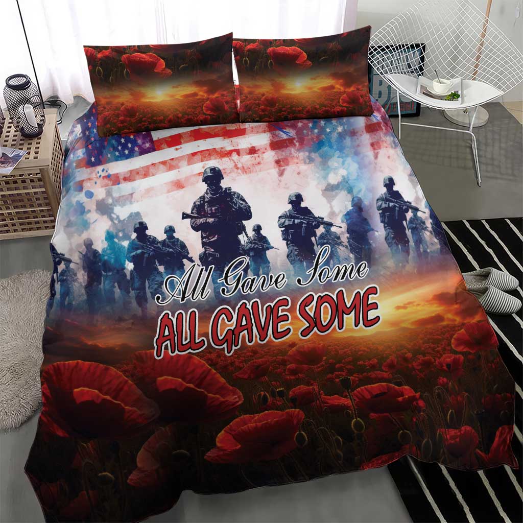 Poppy and soldier bedding set with “All Gave Some” text on duvet and two matching pillows