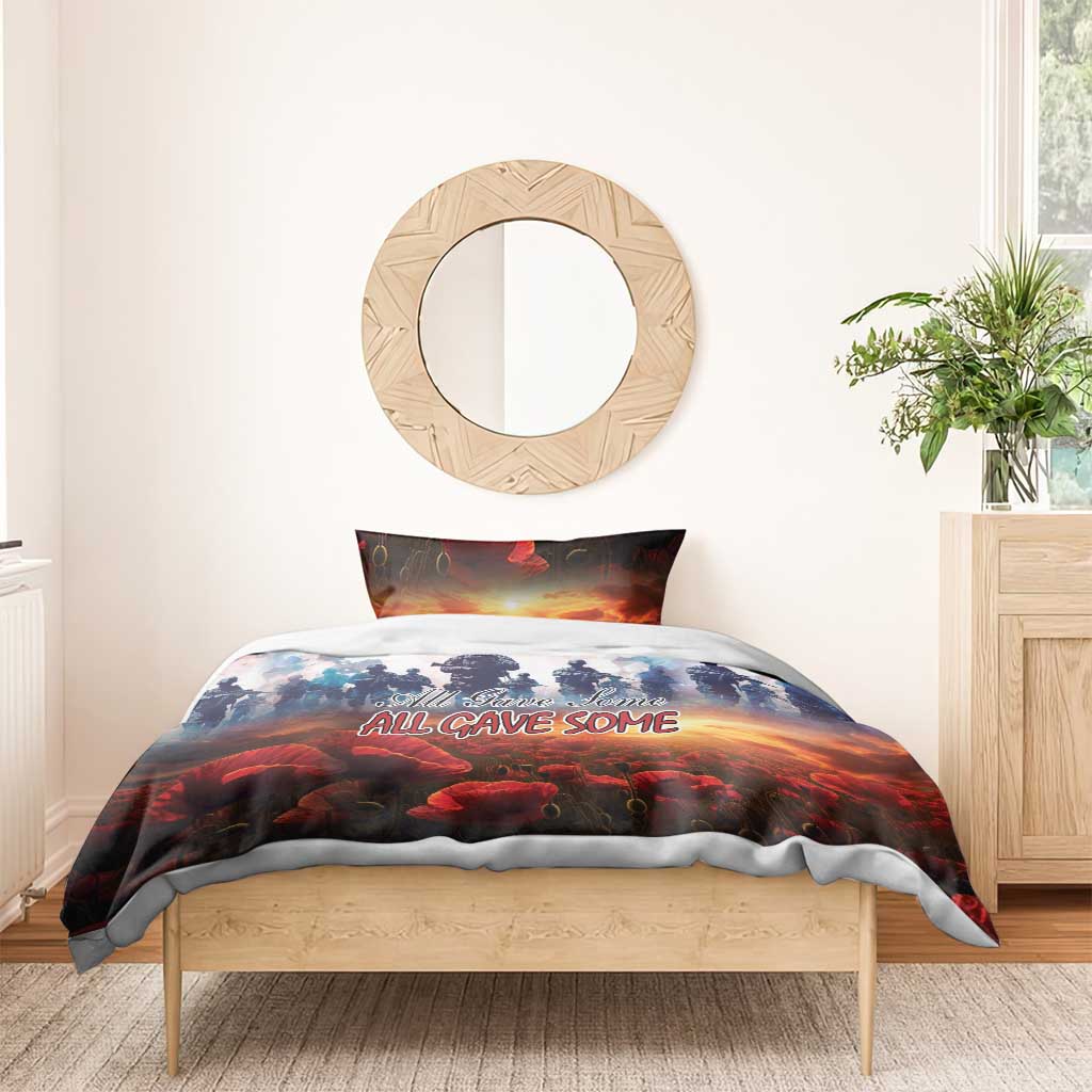 Soldier and poppy print bedding set with “All Gave Some” duvet on a bed