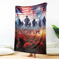 Red, blue, and white Veterans Day blanket featuring soldiers, stars-and-stripes, poppies