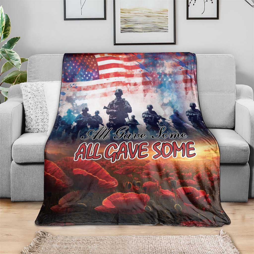 American flag Veterans Day blanket with soldier silhouettes and red poppy pattern