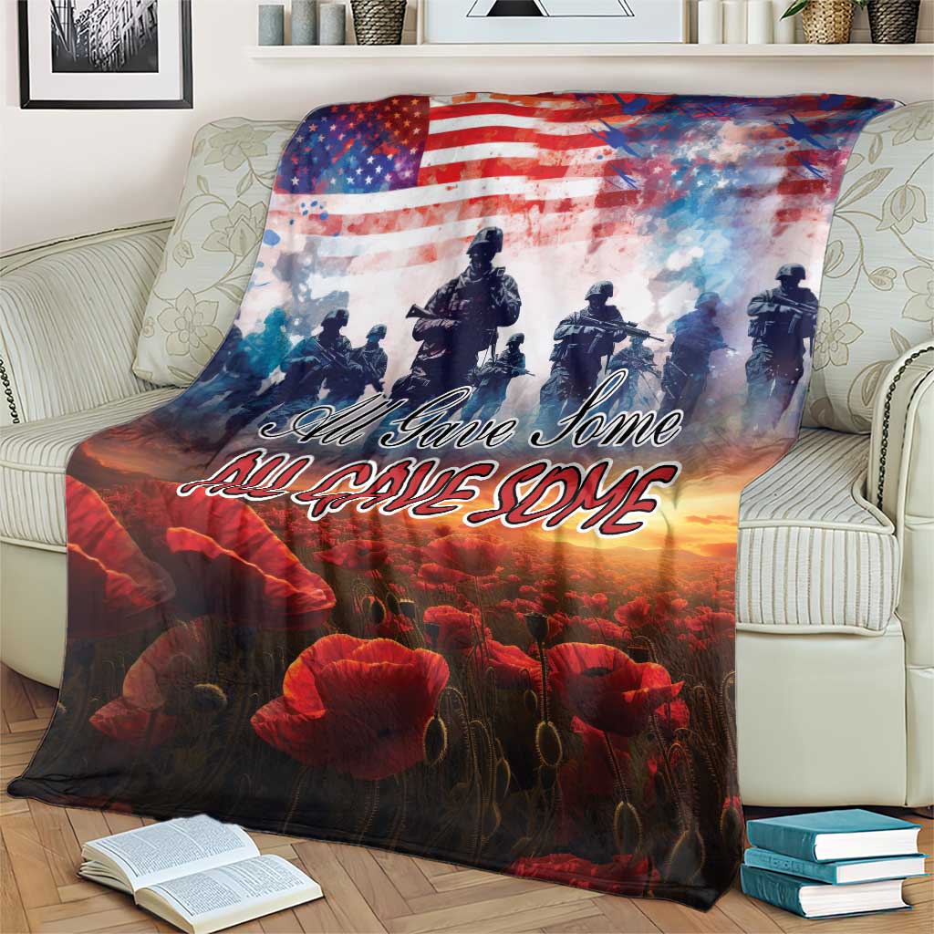 American flag Veterans Day blanket with soldiers and red poppies, all-over print