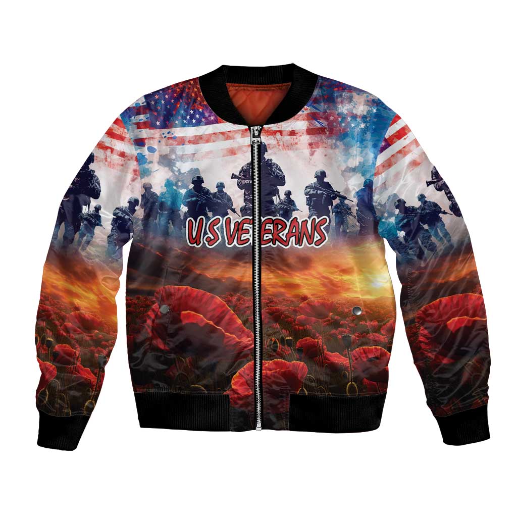 Patriotic illustrated bomber jacket with front zipper, red white blue soldier graphic
