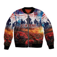 Patriotic illustrated bomber jacket with front zipper, red white blue soldier graphic