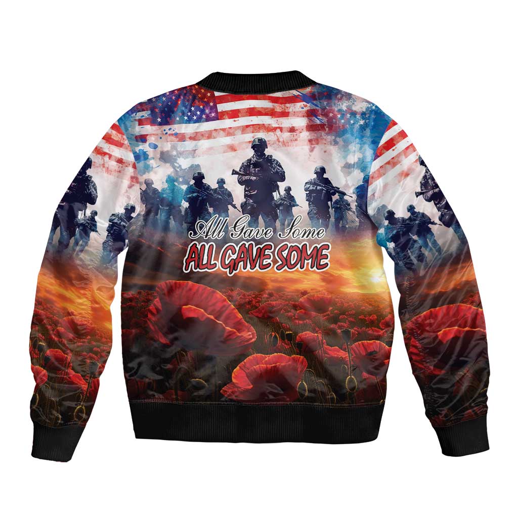 Patriotic illustrated bomber jacket, back view with “All Gave Some” text and soldier scene