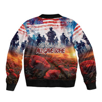 Patriotic illustrated bomber jacket, back view with “All Gave Some” text and soldier scene