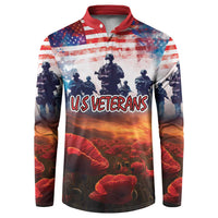 Men's button sweatshirt with red collar, American flag soldier and poppy graphic