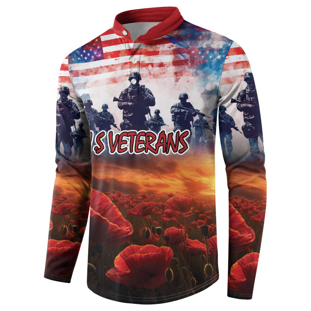 Men's button sweatshirt, red collar, US Veterans front graphic over poppy field