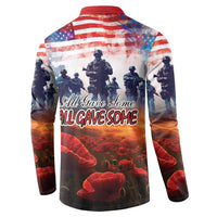 Men's button sweatshirt with red collar, rear graphic with soldiers and poppies