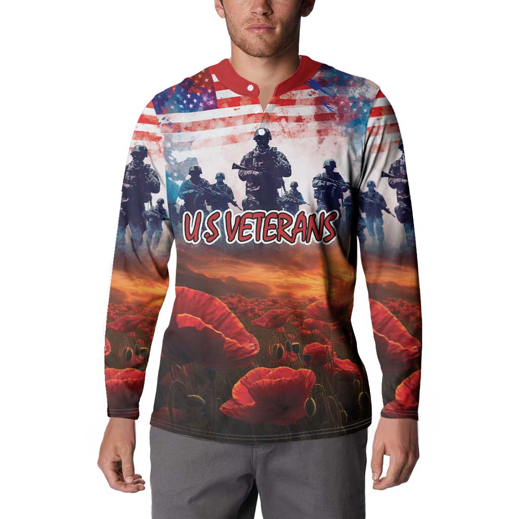 Men's button sweatshirt on model, red collar, US VETERANS text over soldier poppies