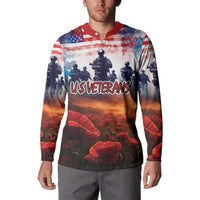 Men's button sweatshirt on model, red collar, US VETERANS text over soldier poppies