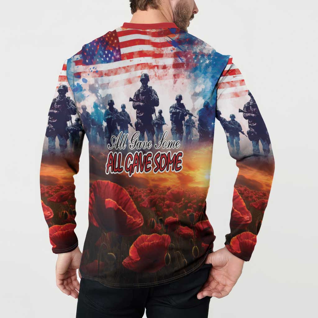 Men's button sweatshirt on model, red collar, back text over soldiers and poppies