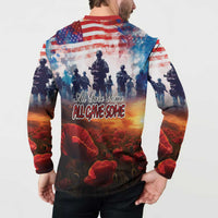 Men's button sweatshirt on model, red collar, back text over soldiers and poppies