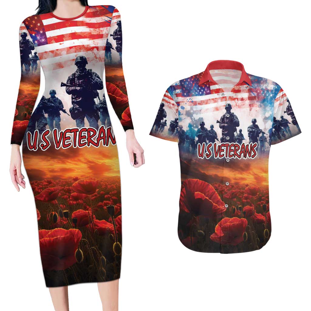 USA Veterans Day Couples Matching Long Sleeve Bodycon Dress and Hawaiian Shirt All Gave Some With Poppy Patterns - Wonder Print Shop