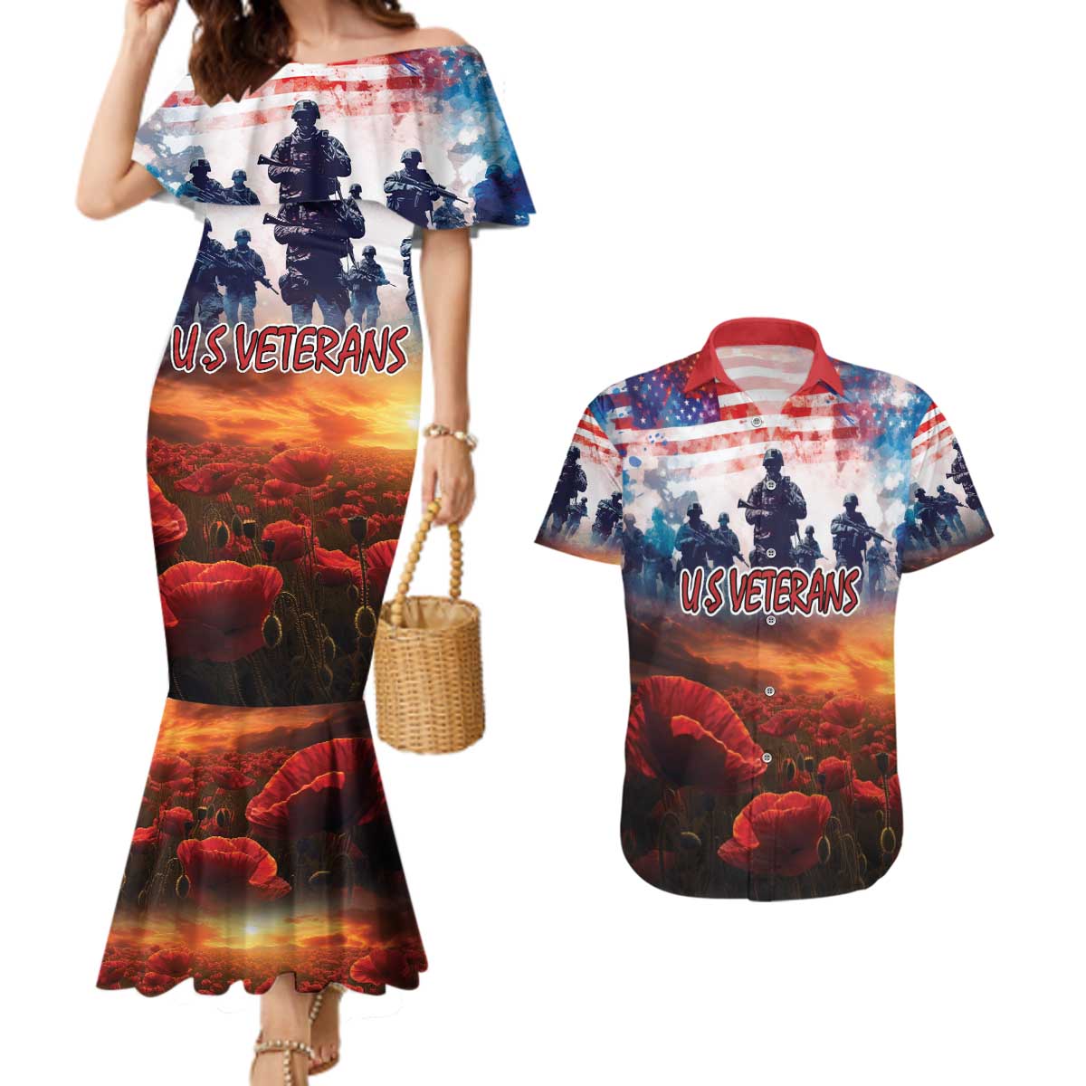 USA Veterans Day Couples Matching Mermaid Dress and Hawaiian Shirt All Gave Some With Poppy Patterns - Wonder Print Shop