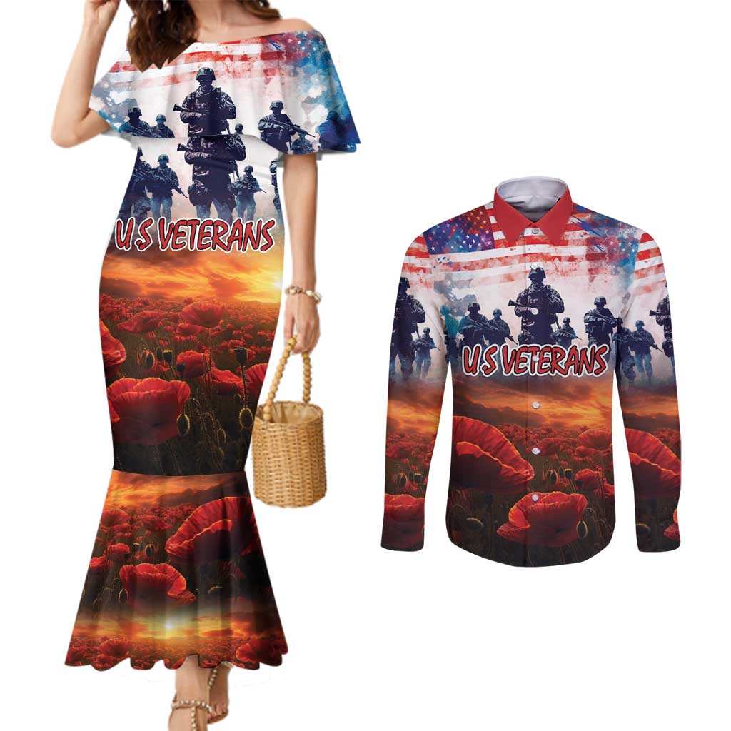 USA Veterans Day Couples Matching Mermaid Dress and Long Sleeve Button Shirt All Gave Some With Poppy Patterns