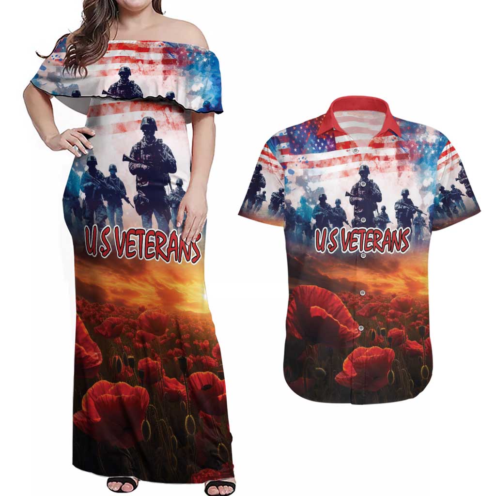 USA Veterans Day Couples Matching Off Shoulder Maxi Dress and Hawaiian Shirt All Gave Some With Poppy Patterns - Wonder Print Shop