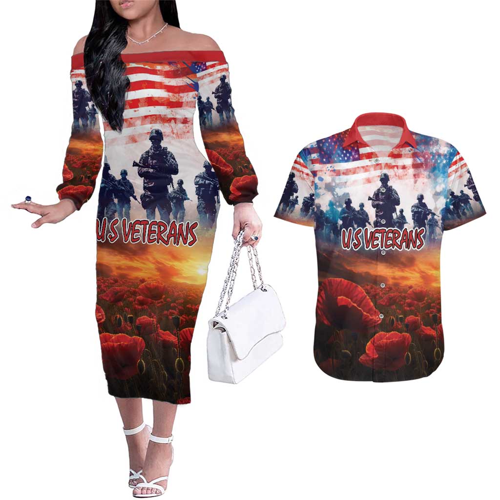 USA Veterans Day Couples Matching Off The Shoulder Long Sleeve Dress and Hawaiian Shirt All Gave Some With Poppy Patterns - Wonder Print Shop