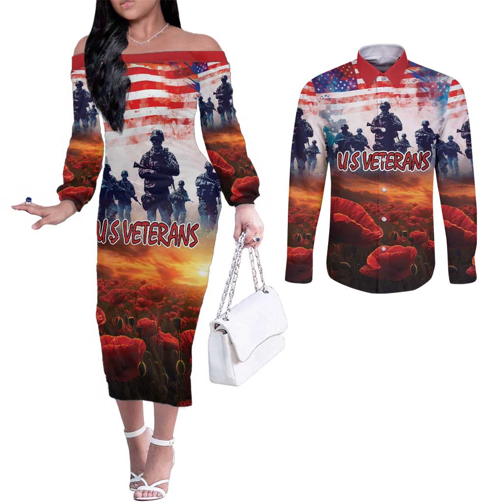 USA Veterans Day Couples Matching Off The Shoulder Long Sleeve Dress and Long Sleeve Button Shirt All Gave Some With Poppy Patterns