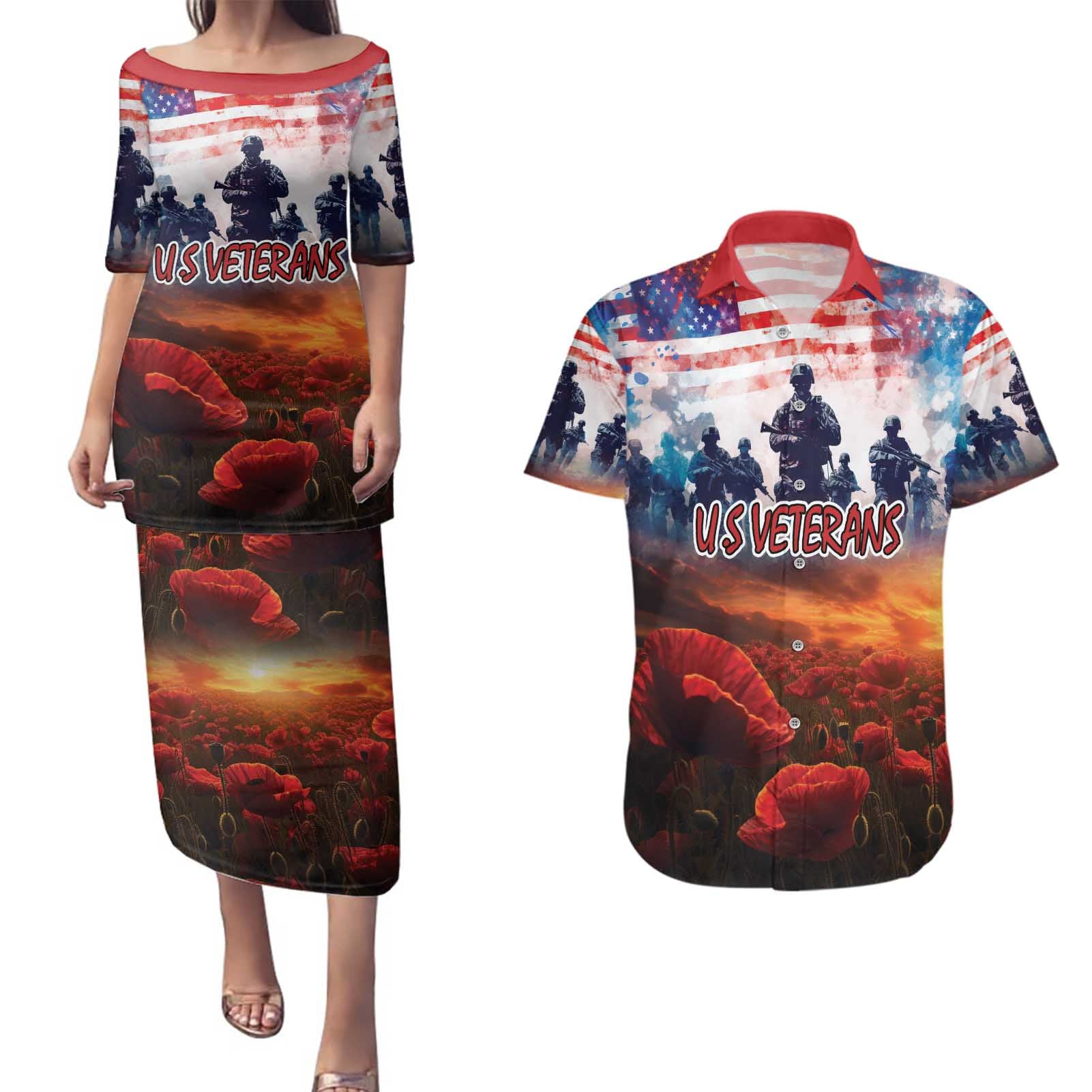 USA Veterans Day Couples Matching Puletasi and Hawaiian Shirt All Gave Some With Poppy Patterns - Wonder Print Shop